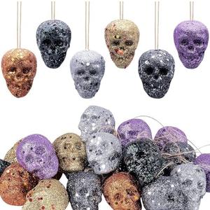 Sfcddtlg 18 Pcs Halloween Mini Glitter Hanging Skull Heads- Colorful Foam Hanging Skeleton Head Decoration- Hanging Ornament for Halloween Party and Xmas Tree Supplies