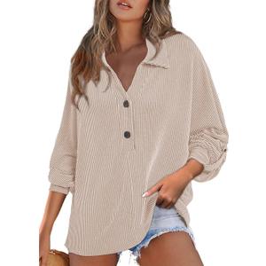 Astylish Women's Casual Blouses Button Down Business Batwing Tops Long Sleeve V Neck Ribbed Shirts 2025 Fall Outfit (M)