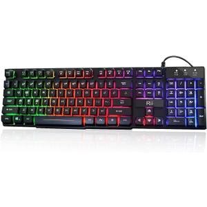 Rii RK100+ Multiple Color Rainbow LED Backlit Large Size USB Wired Mechanical Feeling Multimedia PC Gaming Keyboard,Office Keyboard for Working or Primer Gaming,Office Device