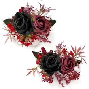 2 x Serwalin 2 Pcs Wrist Corsage and Boutonniere Set, 6-7 Inch Black Burgundy Corsage for Wedding, Boutonniere for Men Corsage Wristlet Prom Ceremony Anniversary Accessories Suit