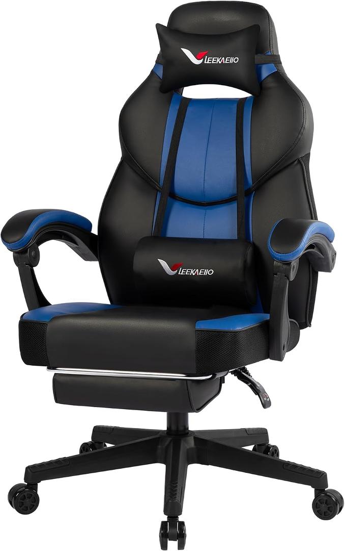 Blue Gaming Chair Big and Tall 400 lbs, Ergonomic Office Chair with Pocket Spring Cushion, Retractable Footrest, Adjustable Recliner, Heavy Duty Leather Office Chair