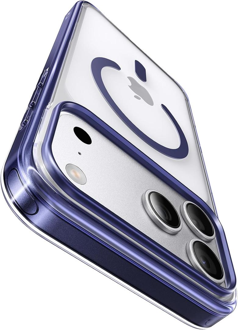 Shiny Interior Coating for iPhone 17 Pro Case with Pearl Strap, [Glossy Bumper & Magnetic Ring] [Compatible with Magsafe] Cute Women Girly Anti-Fingerprint Cover for 17 Pro, Deep Blue