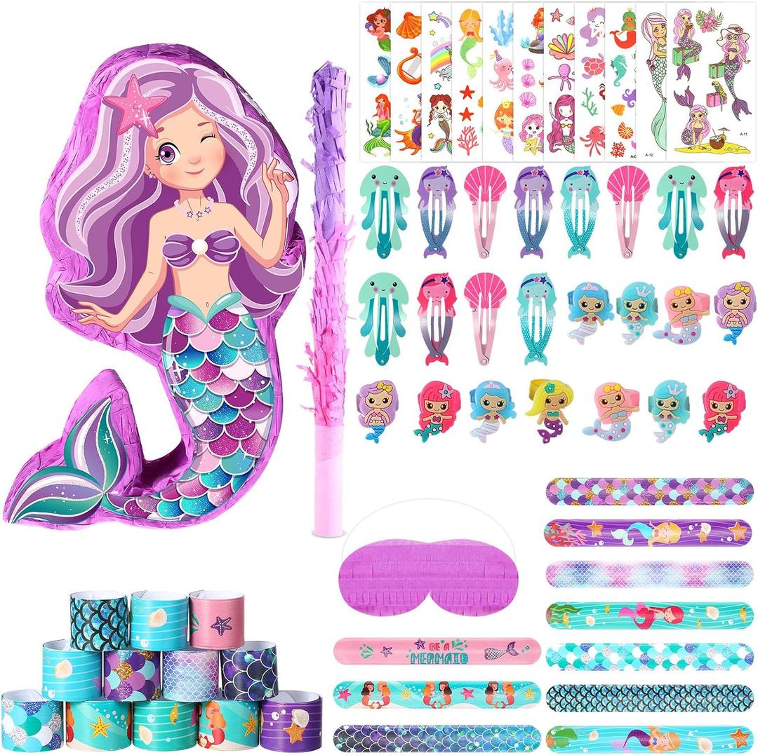 Hungdao 51 Pcs Mermaid Party Favors Mermaid Piata Hairpin Slap Bracelets Ring Tattoo Sticker Under the Sea Birthday Party Supplies Classroom Prize Gift Goodie Bag Piata Stuffers Fillers
