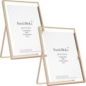 Gold 6x8'' Floating Photo Frame 2 Pack, Beaded Metal Frame Fits 3.5x5'', 4x6'' & 5x7'' Pictures, Adjustable Tabletop & Shelf Display, Elegant Wedding Gift for Home Decor
