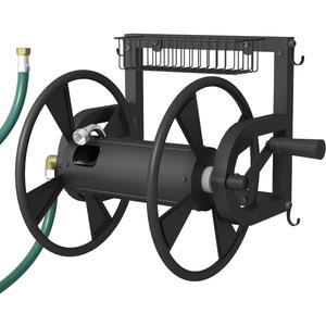 Artigarden Outdoor Wall Mounted Hose Reel with Hook, Garden Heavy-Duty Water Holder Winder with 3.9 ft Leader Hoses, Brass Fitting and Storage Basket for Yard, Holds 125 Ft of 5/8-Inch Hose, Black