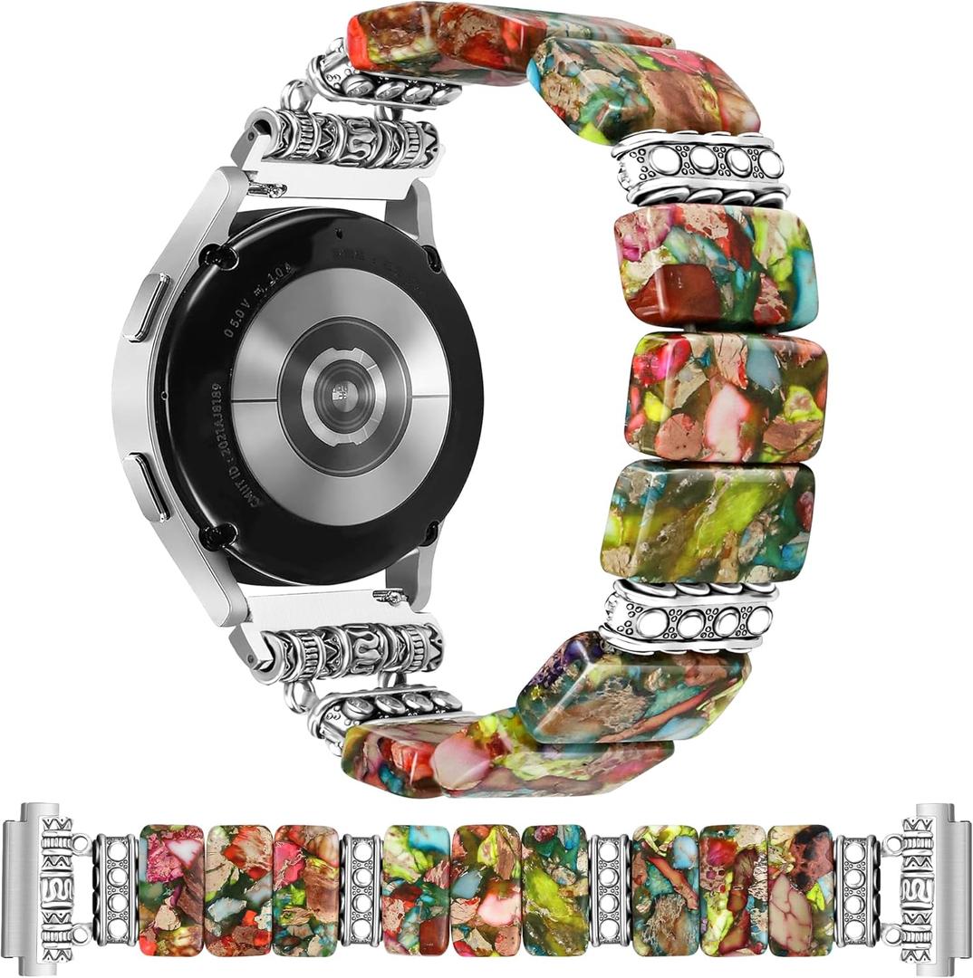 Natural Stone Bracelet Beaded Band Women 20mm Compatible with Samsung Galaxy Watch 7/6/5/4/Active 2/4 Classic/6 Classic/5 Pro/FE 40mm 42mm 43mm 44mm 45mm 46mm 47mm Boho Elastic Western Vintage Strap (S (fit 5.8-6.2)-Only 20mm, A3 Colorful)