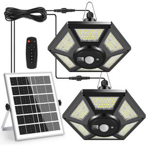 Solar Pendant Lights, Dual Head Solar Shed Lights with Motion Sensor for Outdoor,180 LED Solar Indoor Lights with Remote Control for Barn Gazebo Garage Garden Home (Two Packs)