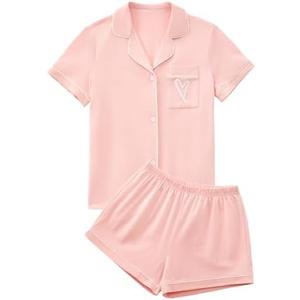 LYANER Women's Pajamas Set Heart Print Button Short Sleeve Shirt with Shorts Sleepwear PJs Set, M