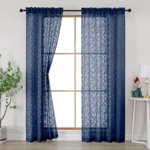 Gwine Navy Blue Curtains 84 Inches Long 2 Panels Set, Light Filtering Soft Lightweight Sheer Curtains, Leaf Clip Jacquard Textured Curtain for Bedroom Living Room, 42Wx84L Inches, 2PCS
