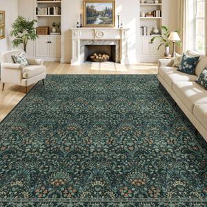 Washable 9x12 Area Rug for Living Room Bedroom Dining Room Under Kitchen Table,Non-Slip Low Pile Stain Resistant Soft Large Carpet for Vintage Floral Oriental Home Decor Dark Green/Navy/Black