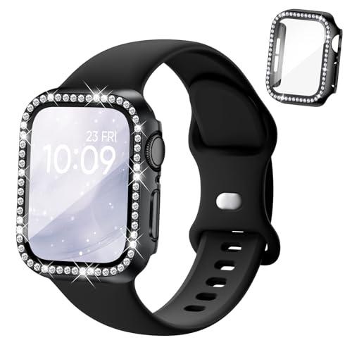 Silicone Band and Case Compatible with Apple Watch Bands for Women 40mm 44mm 41mm 45mm 42mm 46mm, Sport Strap with Bling Diamond Screen Protector Cover for iWatch Series 11/SE3/10/9/8/7/6/5/4
