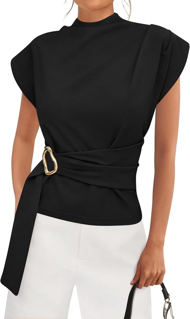 PRETTYGARDEN Women Blouses Spring Dressy Cap Sleeve Mock Neck Work Shirts Buckle Tunic Summer Business Casual Tops 2026(Black, X-Large)