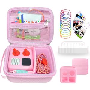 Hard Travel Case Compatible with Yoto Mini Player,Includes Silicone Cover,102 Self-Adhesive Labels and 10 Hanging Rings,yoto Cards Holder Designed Specifically for Yoto Cards and Accessories (Pink)