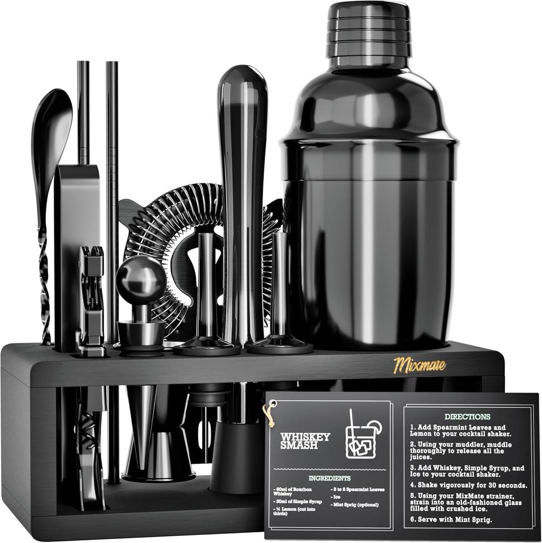 Black Stainless Steel Cocktail Shaker Set with Wood Stand - 15 Piece Bartender Kit with Drink Shaker, Bar Spoon, Jigger, Muddler, Strainer, Bottle Opener, Stopper, Pour Spout, Stirrers, Tongs, Recipes (Gun Metal/Black)