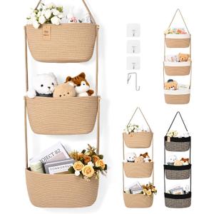 Hanging Basket, 3-Tier Wall Baskets, Over the Door Organizer with 4 Hooks, Hanging Baskets for Organizing, Woven Storage Basket Behind the Door for Nursery, Bedroom, Living Room, Kitchen