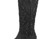 Tscoyuki Women's Rhinestones Western Knee High Boots, Embroidery Pointed Toe Chunky Block Heel Cowboy Cowgirl Mid Calf Boots with Pull On Taps (4, Black)