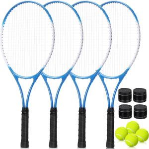 4 Pack Tennis Rackets for Adults Recreational 4 Players Pre Strung 27 Inch Tennis Racquets Lightweight Rackets Bulk with Balls Overgrips for Training, 27 inches , 100-135 sq. inches
