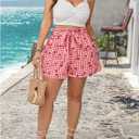 Verdusa Women's Plus Size Gingham Cherry Belted Shorts High Rise Summer Shorts with Pockets (Red, XL)