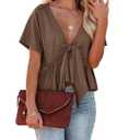 Fanway&EC Women's Short Sleeve V Neck Blouses Ruffle Hem Tie Front Crop Tops Lightweight Basic Summer Tops, XL