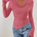 PRETTYGARDEN Womens Bell Long Sleeve Shirts Casual Cowl Neck Asymmetrical Slim Fit Crop Tops Y2K Going Out Spring Clothes (Pink, XXL)