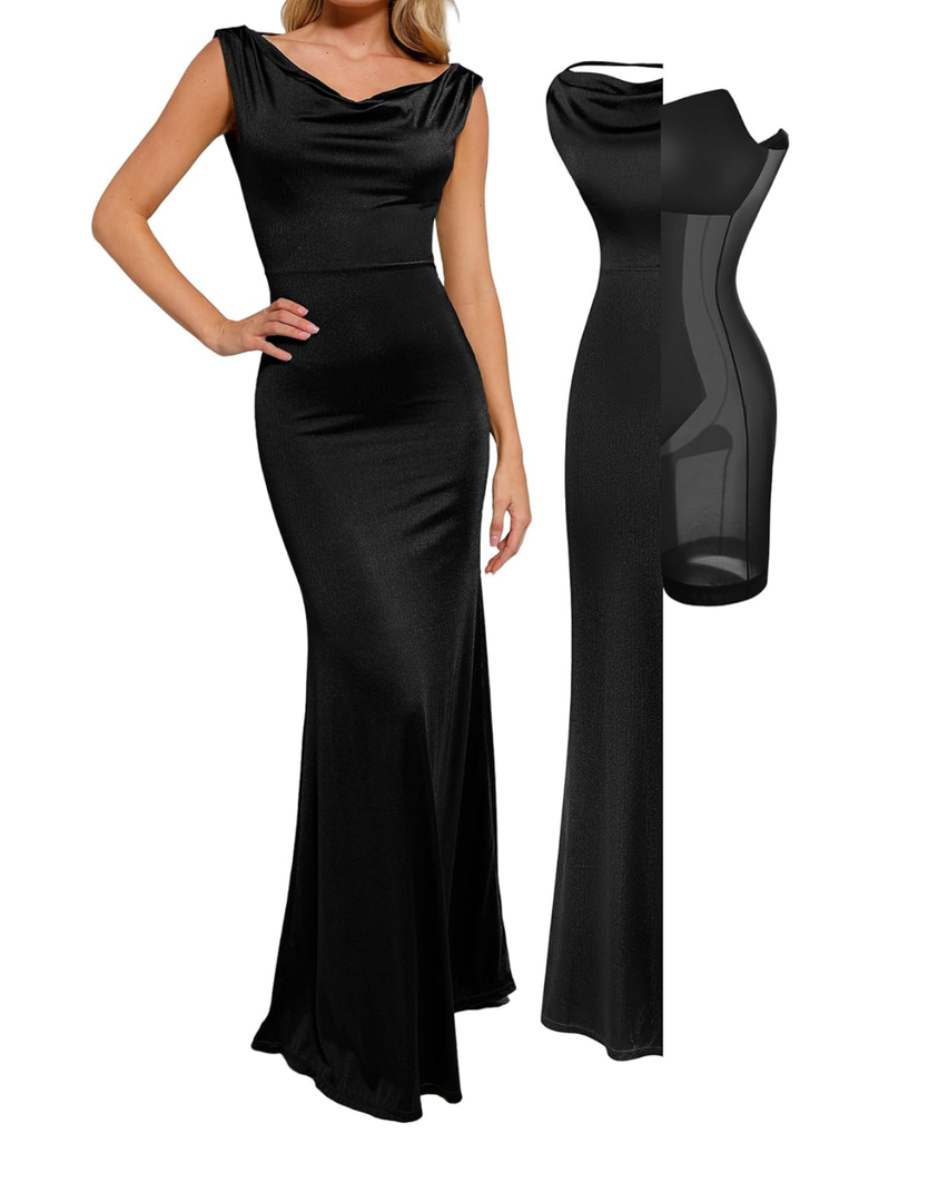 Popilush Women Shapewear Maxi Dress - Sleeveless Long Formal Cocktail Party Elegant Bodycon Dresses Built-in Bra, Size S