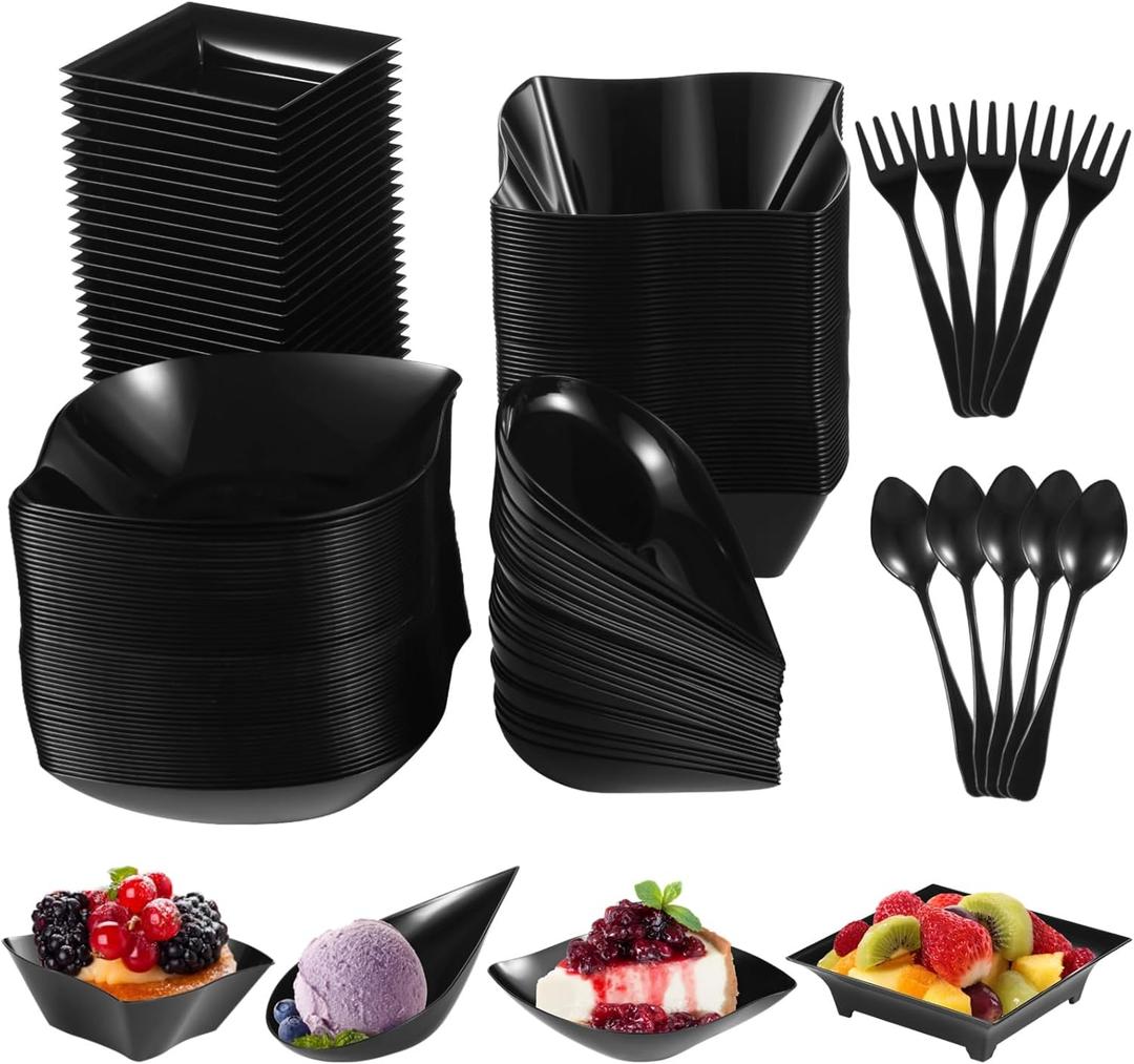 200 Pcs Mini Appetizer Plates, Disposable Dessert Plates with 50 Spoons & 50 Forks, Plastic Serving Bowls, Black Snacks Appetizer Trays for Party, 4 Shapes