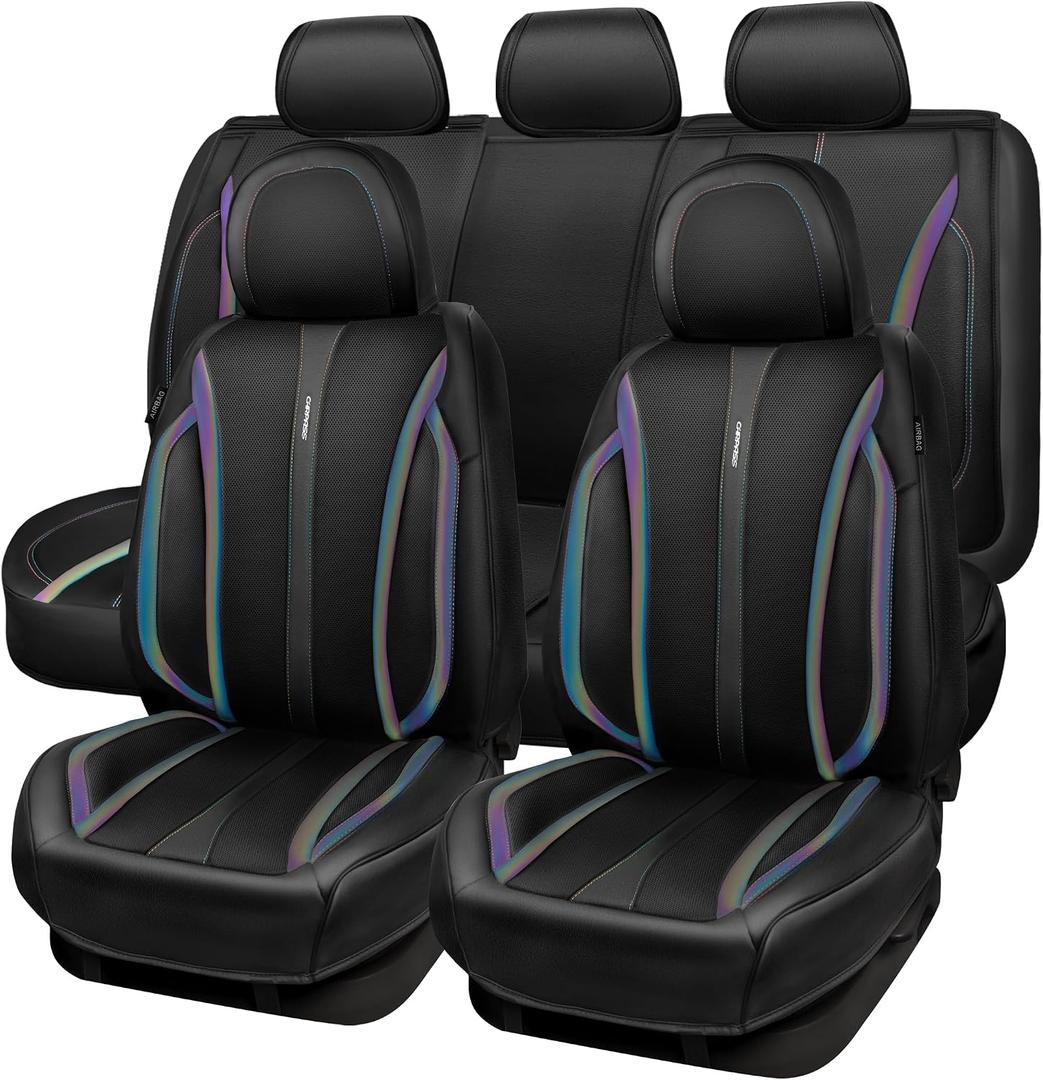 CAR PASS Nappa Leather Car Seat Covers, Durable Waterproof Luxury Universal for SUV Pick-up Truck Sedan, Anti-Slip Driver 5 Seats Covers Full Set with Backrest (Black Chameleon Iridescent Reflective)