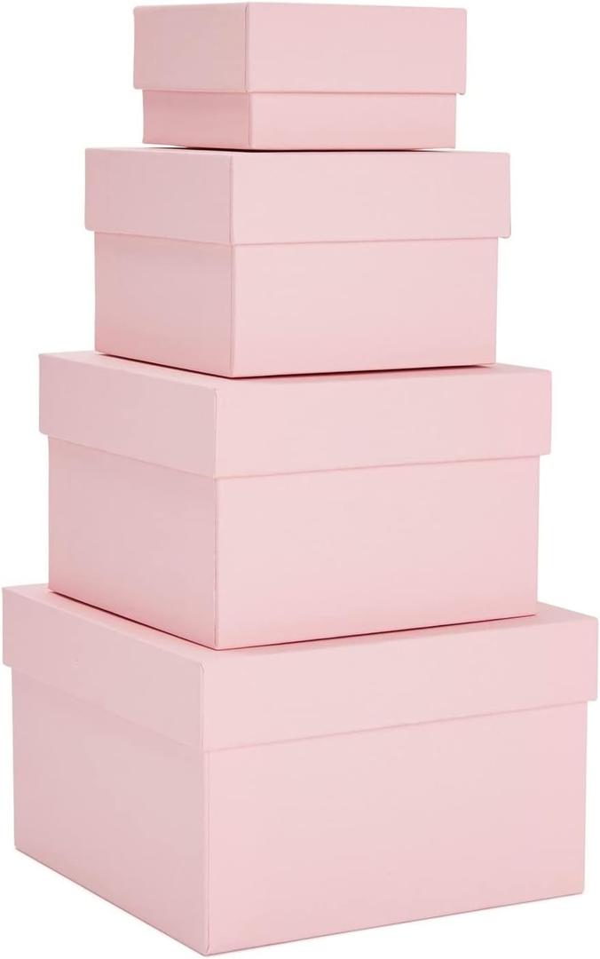 Stockroom Plus Gift Box Set - 4 Piece Assortment, Pink - Nesting & Stackable Pink Square Boxes with Lids for Weddings, Birthdays & Favors