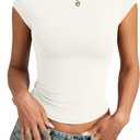 Womens Double Lined Cap Sleeve Tops Boat Neck Shirts Slim Fitted Going Out Tees Y2k Clothes 2025 (X-Small, White Cream)