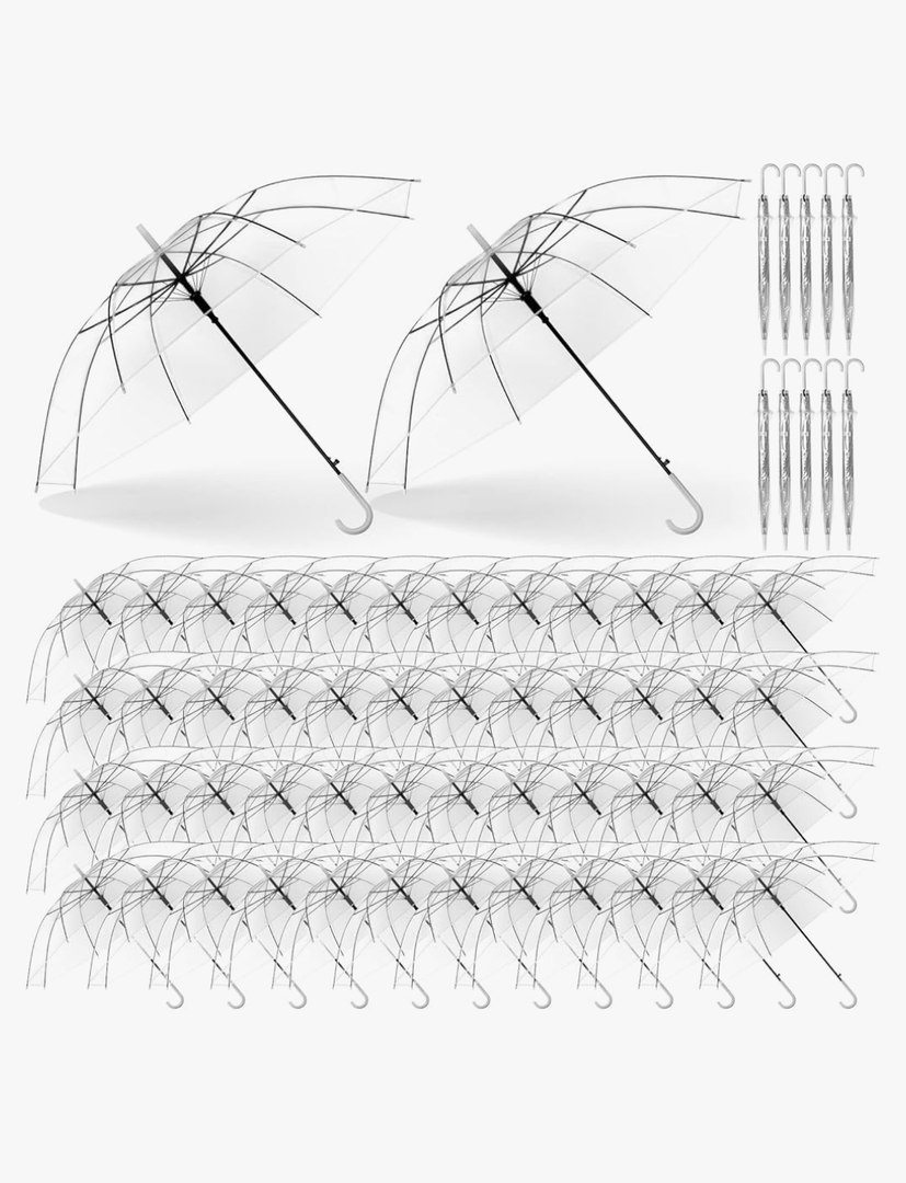 60 Pack Clear Wedding Umbrellas Bulk Transparent Auto Open Stick Umbrellas Windproof Waterproof Large Canopy Umbrella with White European J Hook Handle for Wedding Bride Groom Photography Golf Outdoor