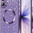 Hython for iPhone 17 Case Glitter Clear Magnetic Phone Cases [Compatible with MagSafe] Full Camera Lens Protector Sparkle Luxury Plating Slim Shockproof Protective Cover Women, Purple