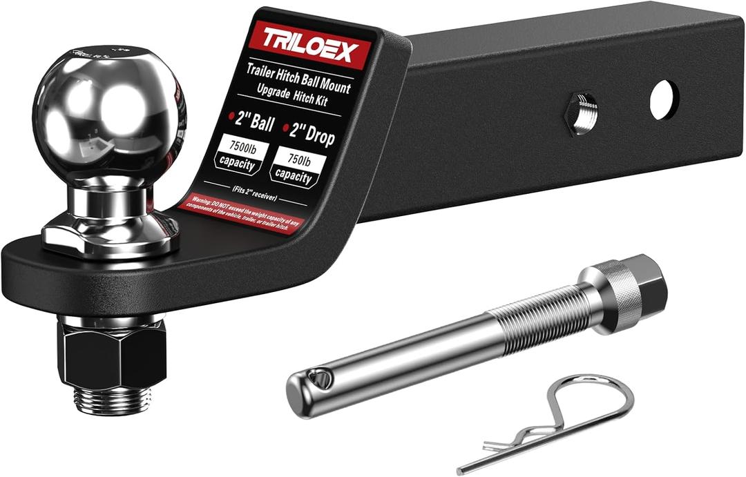 Trailer Hitch Ball Mount with 2-Inch Ball, Fits 2-in Receiver, 7,500 lbs, 2" Drop, Includes 5/8 Screw-in Hitch Pin