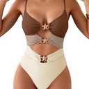 Eomenie Sexy One Piece Swimsuit for Women Cutout Monokini Bathing Suit Starfish Beach Resort Swimwear, Brown And Beige Large