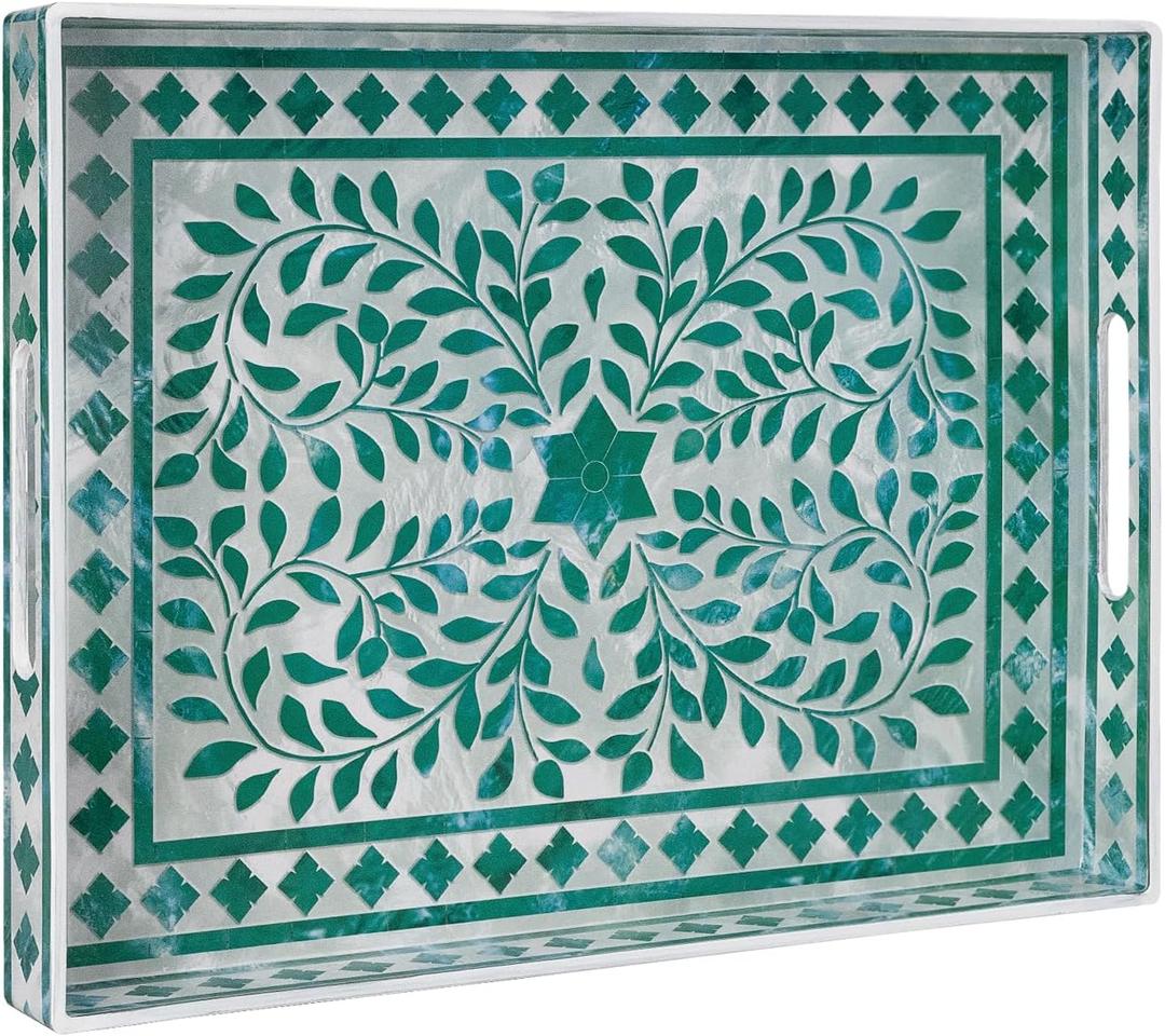 MAONAME Rectangular Decorative Tray, Plastic Serving Tray with Handles, Modern Green Trays for Ottoman, Coffee Table Trays for Living Room, Home Decor, 15.7" x 11.8" x 1.6", Floral Green