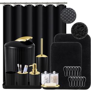 Black and Gold Bathroom Set with Shower Curtain and Rugs, Bathroom Accessories Sets with Extra Soft and Absorbent Bath Rugs Shower Curtain Black Bathroom Sets for Bath