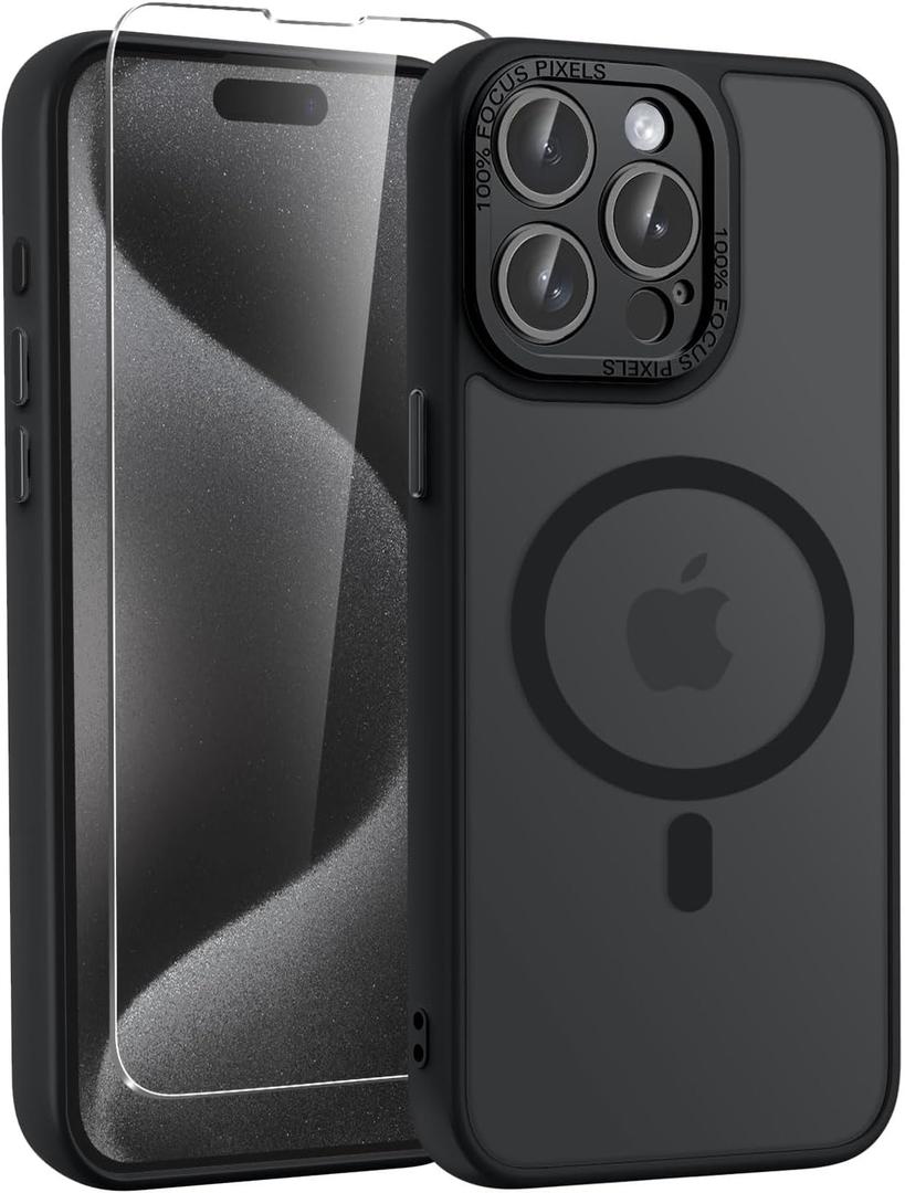 5 x WRJ Case for iPhone 15 Pro Max with Screen Protector, [Compatible with MagSafe][Full Camera Protection] Anti-Fingerprints Slim Translucent Matte Shockproof Phone Cover for Women Men-Black