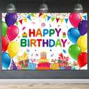 Happy Birthday Backdrop Banner Colorful Party Decorations for Kids Boys Girls Balloon Wall Posters and Signs Cake Tablecloth Decor Supplies 7x5ft
