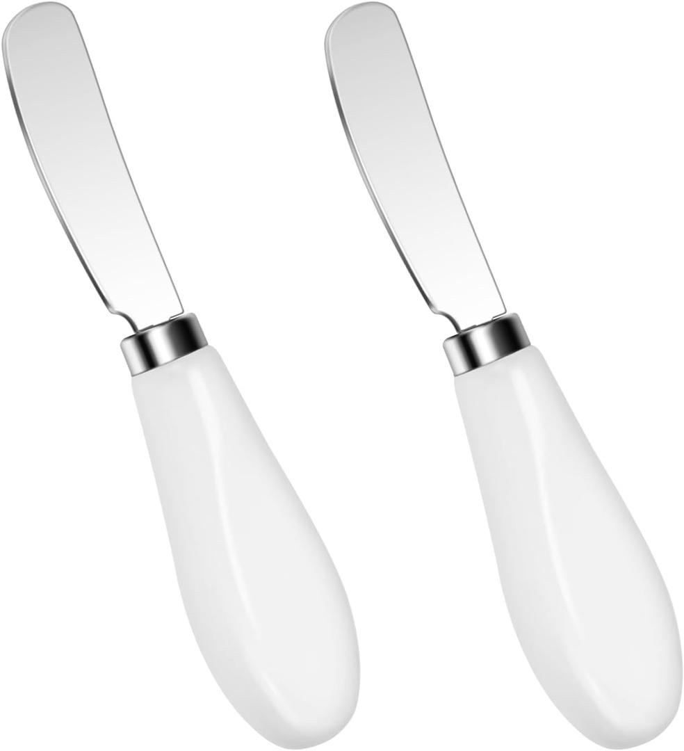 Butter Spreader Knives Set of 2, Stainless Steel Butter Knife with Porcelain Handles, Blunt Edge Cheese Spreader Set for Soft Cheese, Butter, Jam, Charcuterie, Pastry (2Pcs White Handle & Silver Blade)