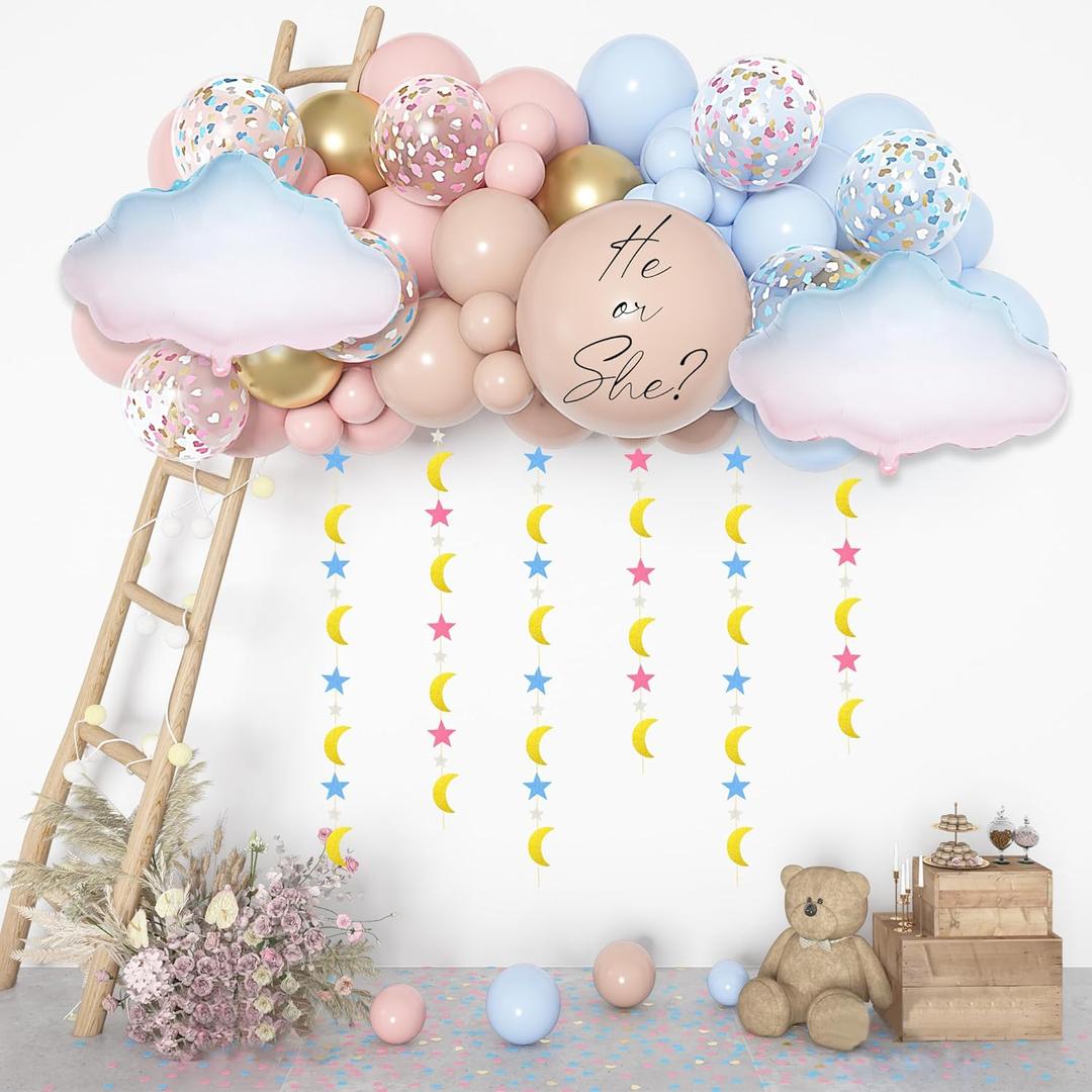 Amandir 185Pcs Gender Reveal Decorations, Double-Stuffed Pastel Pink and Blue Brown Nude Balloon Arch Kit White Cloud Hanging Moon Star Garland Boho Neutral Boy or Girl Bear Baby Shower Party Supplies