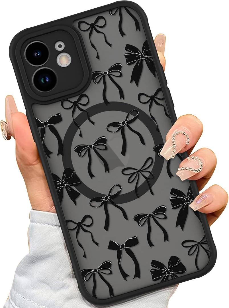 AIGOMARA Case for iPhone 11 [Compatible with MagSafe] Black Ribbon Bow Pattern Design Soft TPU Bumper Hard PC Back Anti-Fall Shockproof Protective Slim Magnetic Cover for Women Girls