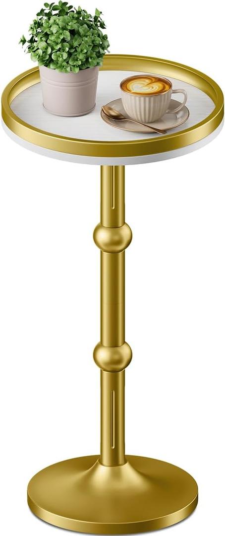 Small Round Side Table, Coffee Drink Table for Small Spaces, Modern Night Stand with Metal Leg, Weighted Iron Base Pedestal Round End Tables for Living Room, Bedroom, Narrow Corners,Sofa Couch (White Gold)
