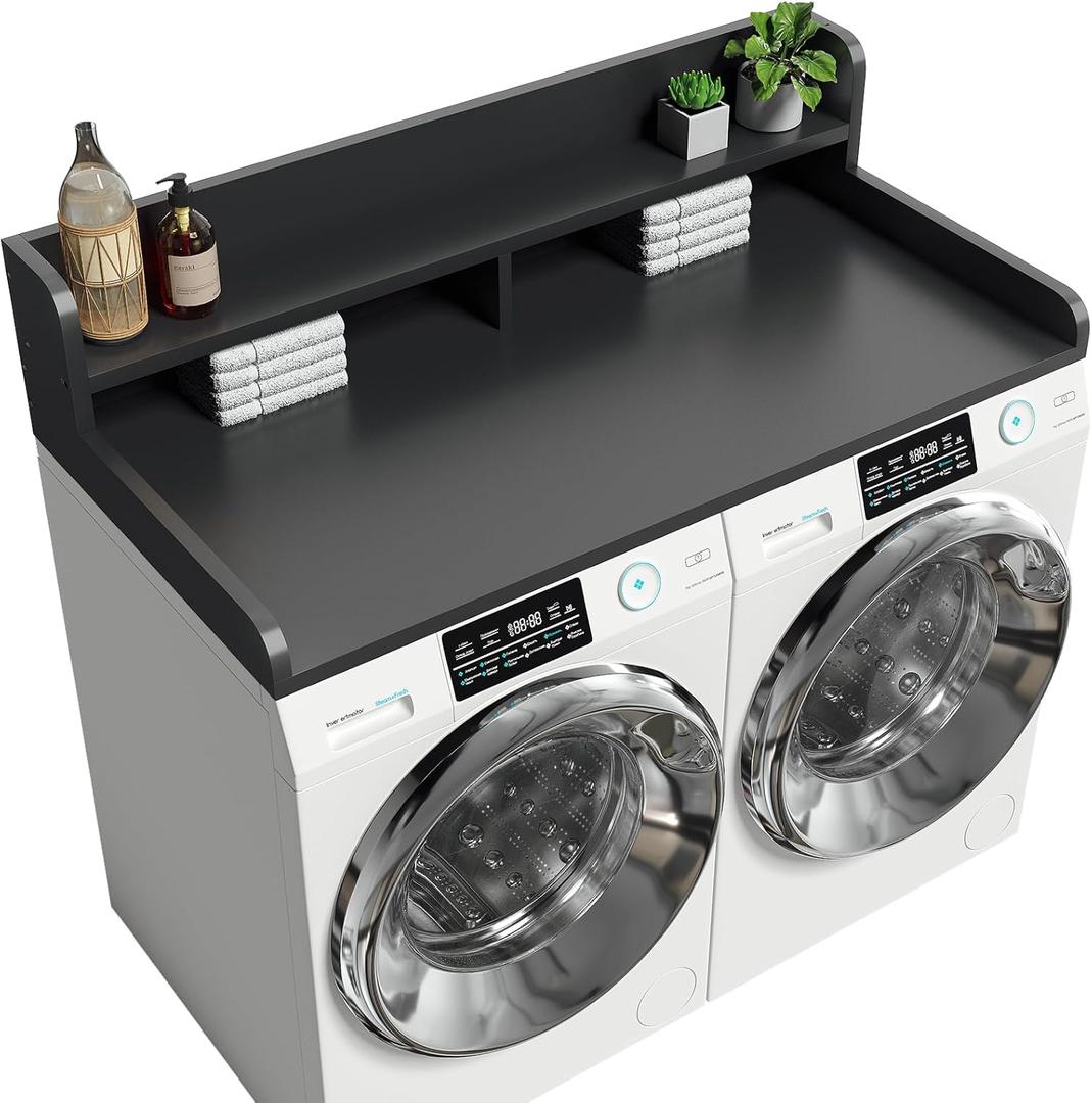 2-Tier Washer Dryer Countertop with 2.75" H Edge Rails, 54" W x 27.55" D Laundry Countertop for Folding Clothes, Washer and Dryer Topper with Non-Slip Pad (Black)