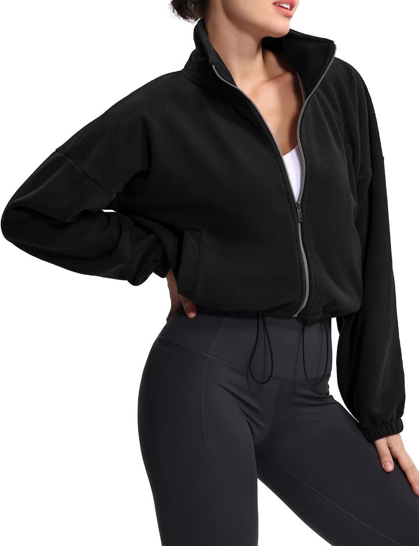 THE GYM PEOPLE Women's Fleece Cropped Jacket Full Zip Stand Collar Workout Short Sherpa Coats with Pockets Drawstring Hem, Medium, Black