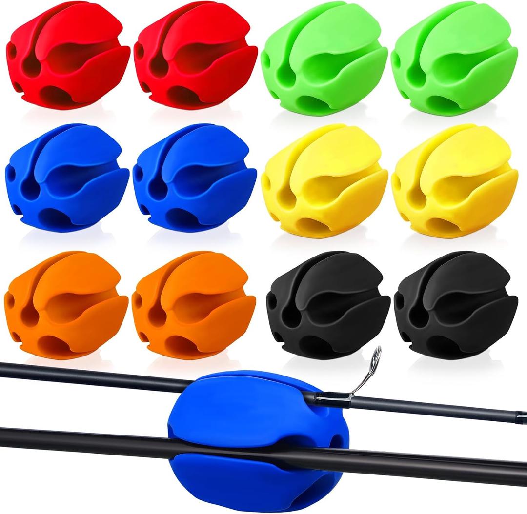 Blueweenly 12 Pcs Portable Silicone Fishing Pole Rod Holder Clips Fixed Ball 5 Holes Multifunctional Rubber Fishing Pole Puller Clips Bike Rod Holder Straps for Travel Ground Car Bike (Mixed Color)