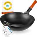 YOSUKATA 13.5" Carbon Steel Wok Pan  Pre-Seasoned Flat Bottom Pow Wok for Stir Fry, BBQ, Grill & Camping  Traditional Japanese Chinese Cookware  Compatible with Induction, Electric, Gas, Open Fire (34cm)