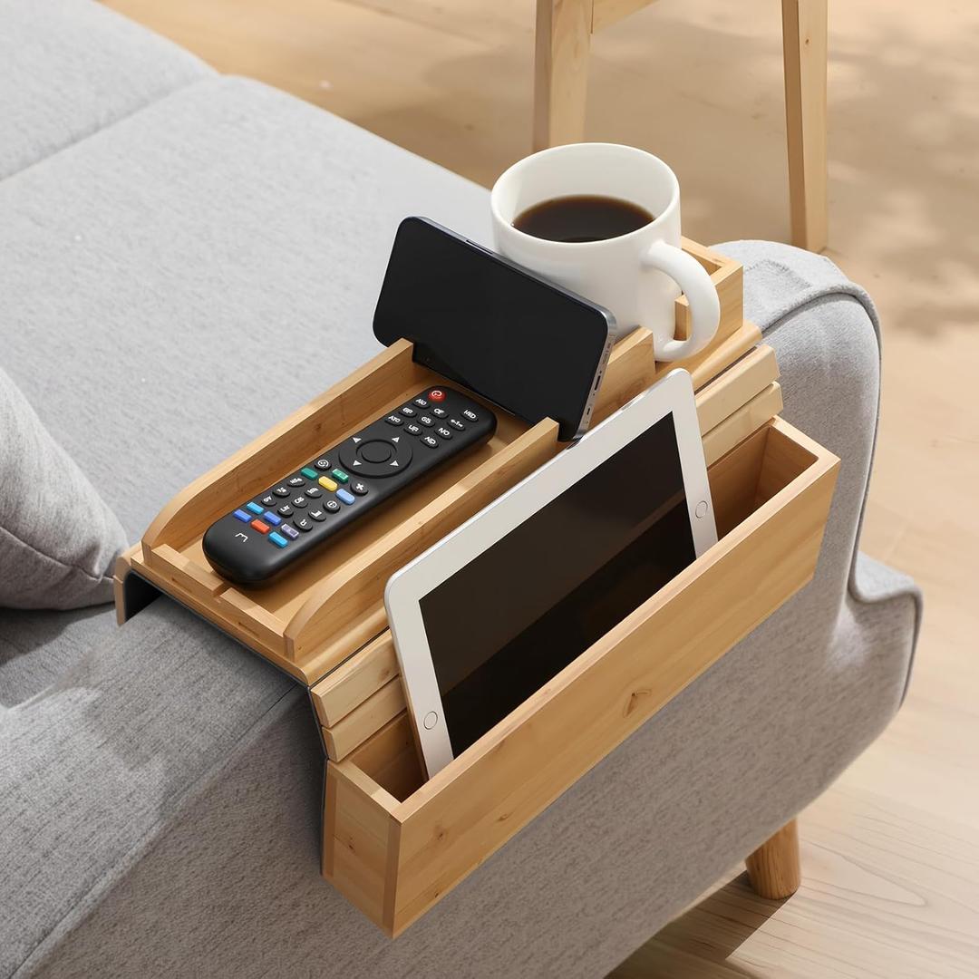 LemonRoad Bamboo Sofa Armrest Tray Couch Arm Tray with Cup Holder Foldable & Anti-Slip Base Couch Organizer for Drinks, Phone, Remote Control, Snacks, Fits Most Couches, 16.3 x 13.6 x 2 Inches