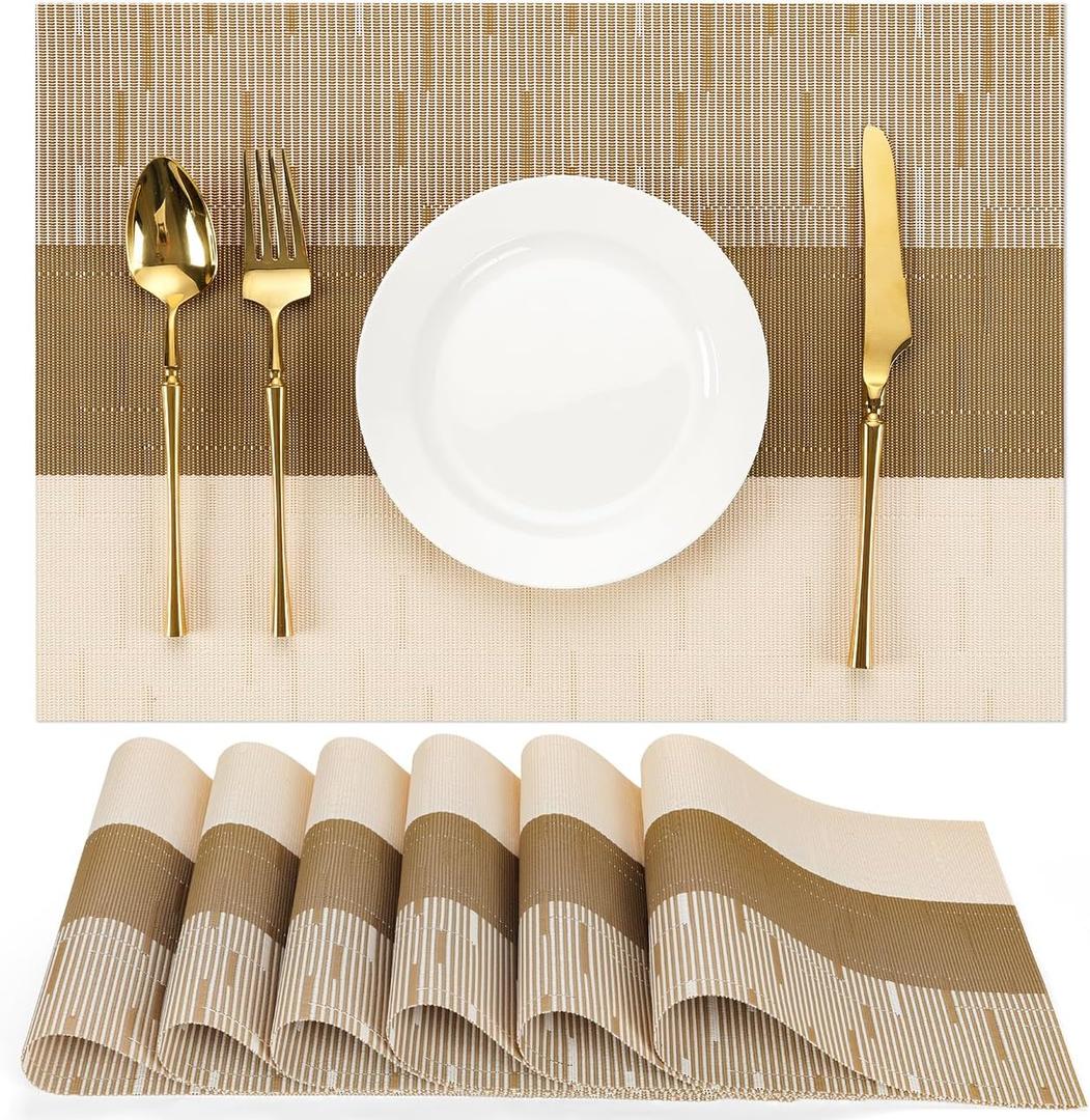 Placemats Set of 6, Vinyl Woven Place Mats Indoor Set of 6 Washable Wipeable PVC Table Mats Heat-Resistant Non Slip Placemat for Kitchen Dining Outdoor Table (Beige Light Brown, Set of 6)