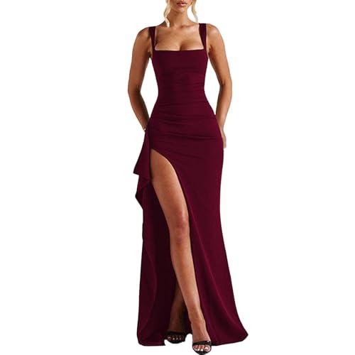 ABYOVRT Women Formal Dresses Sleeveless Bodycon Ruched High Slit Sexy Maxi Dress Cocktail Prom Wine Red,S