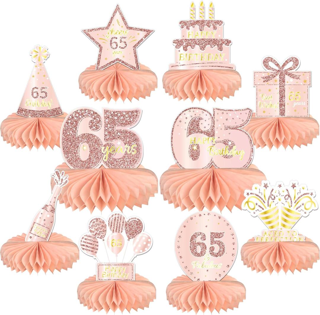 10PCS 65th Birthday Decorations Centerpieces for Table Decorations,Rose Gold Pink Happy 65th Birthday Honeycomb Table Topper Birthday Party Decoration for Women (Rose Gold & Pink, 65 Years)