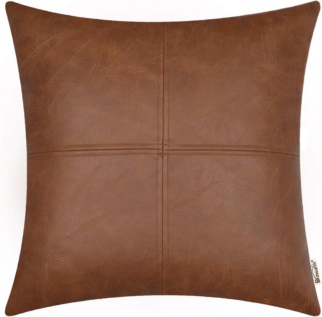 BRAWARM Faux Leather Throw Pillow Covers 18 X 18 Inches, Brown Leather Pillow Cover, Hand Stitched Leather Decorative Pillow Cover for Couch Sofa Bed Living Room Home Garden (18" x 18" (Pack of 1))